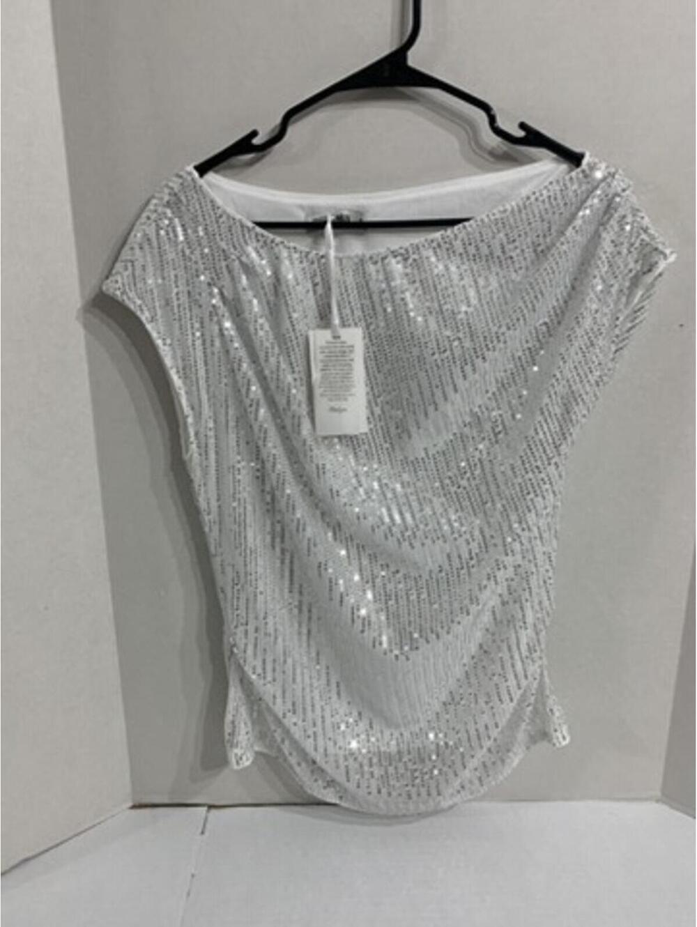 NWT Grace Karin Womans Medium White Sequined Blouse Top Dressy
